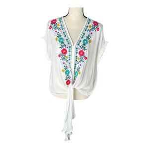 Entro Boho Blouse Tie Front Oversized White‎ Womens Size S Embroidered Floral